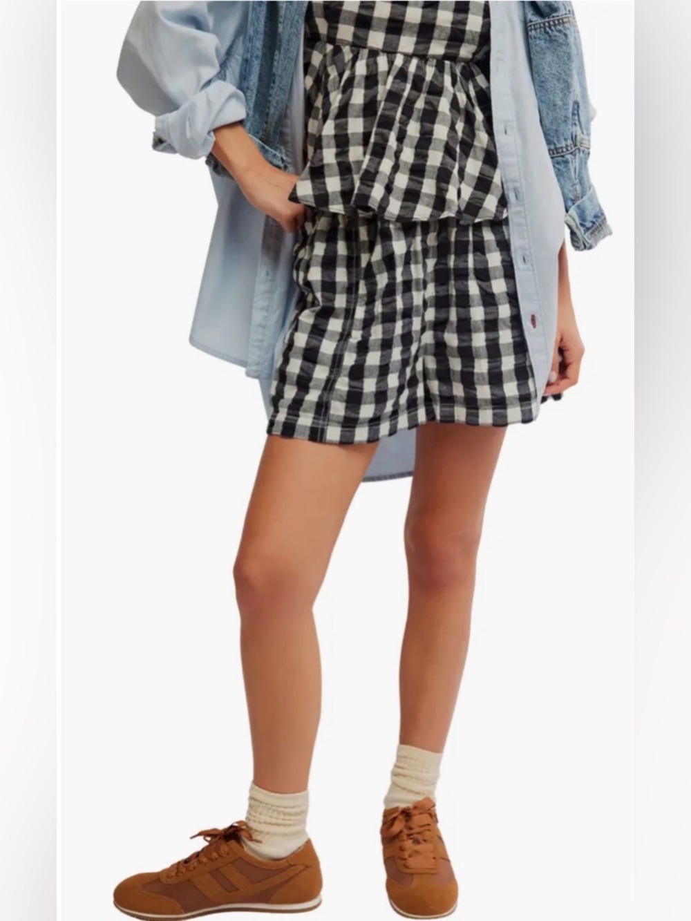 Free People Get Free Seersucker Cotton Pull-On Gingham Shorts in Black and White